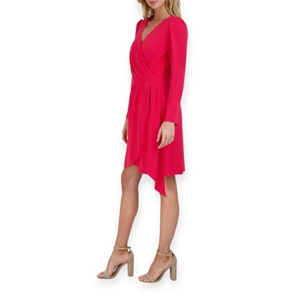 JULIA JORDAN Pleated Faux-Wrap Long-Sleeve Dress in Cherry Size 4 - Picture 5 of 17